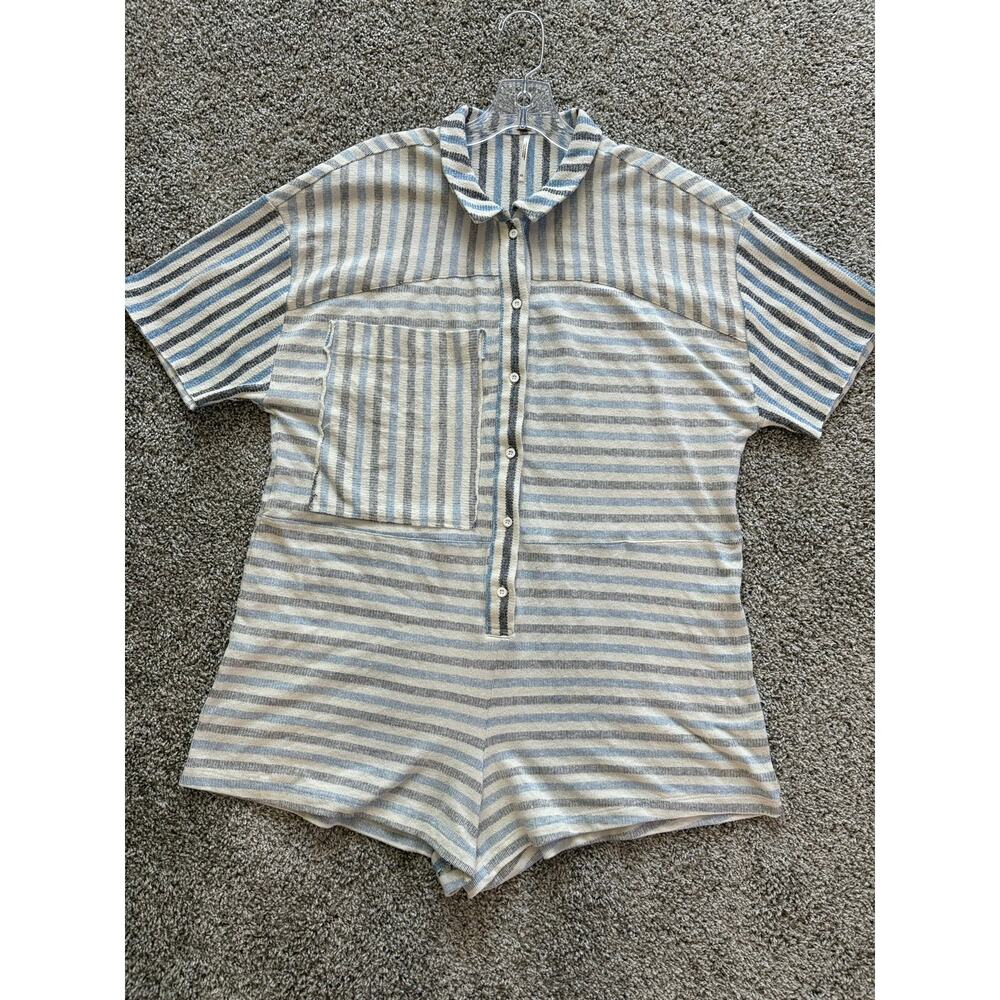 Free People Picnic Striped Knit Romper Short Sleeve Button Front Blue Cream XS